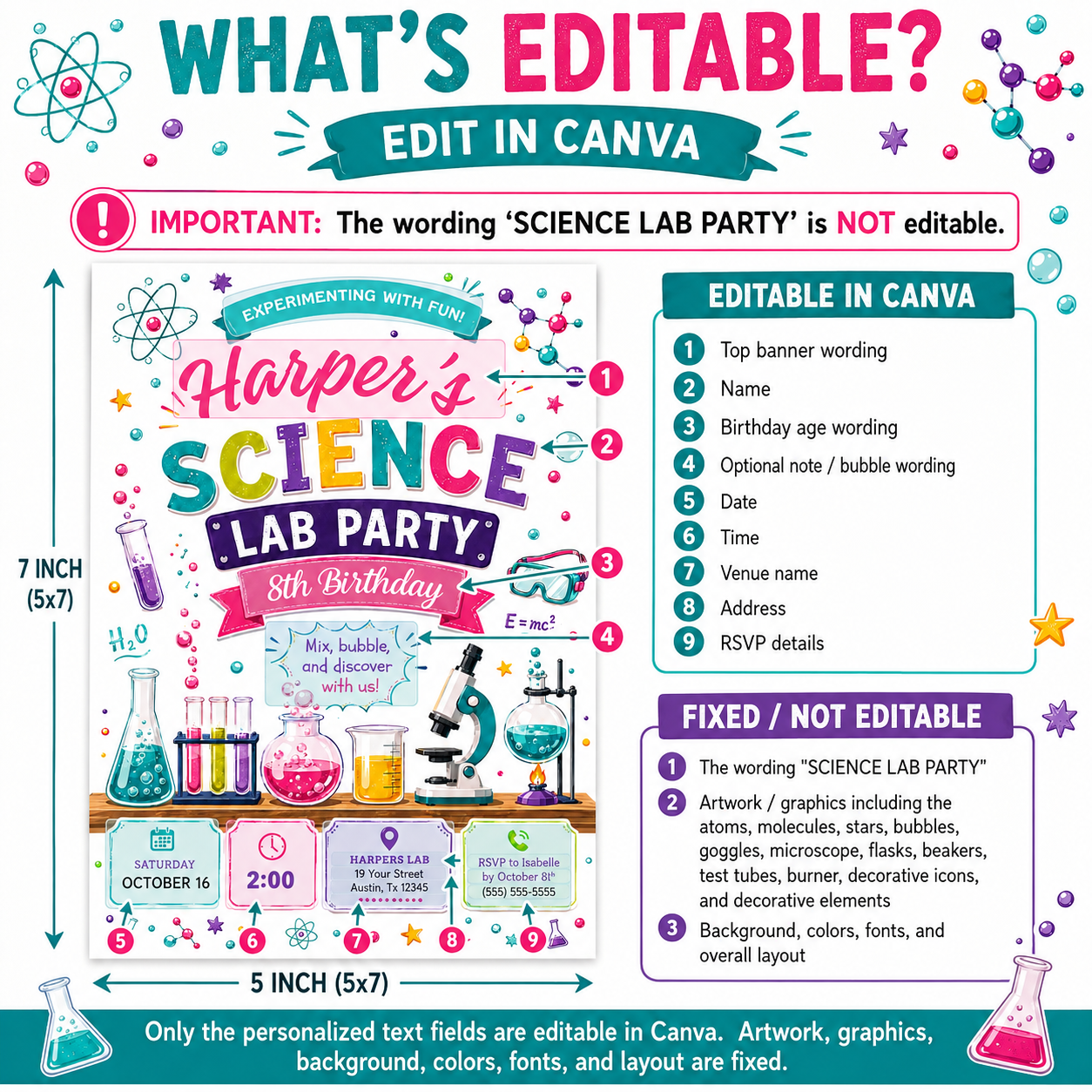 Science birthday invitation with colorful beakers, test tubes, microscope, safety goggles, atoms, molecules, and bright science lab party details for girls