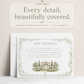 Garden estate wedding details enclosure card template with watercolor estate illustration and delicate sage botanical vine border, editable in Canva