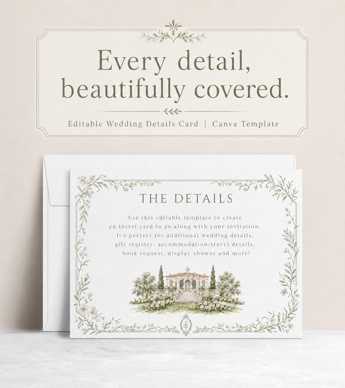 Garden estate wedding details enclosure card template with watercolor estate illustration and delicate sage botanical vine border, editable in Canva