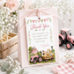 Barnyard birthday thank-you favor tag featuring a pink tractor, pink barn, cow, pig, pony, chick, puppy, kitten and pastel bunting.
