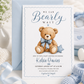 We can bearly wait baby shower invitation with watercolor teddy bear, blue bow tie, stitched star pillow, scalloped border, and soft blue baby boy details