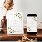 White magnolia and gold frame baptism invitation template with watercolor magnolia blooms and gold glitter border, editable in Canva