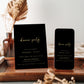 Black and gold dinner party invitation template with gold calligraphy script and elegant typography on black background, editable in Canva