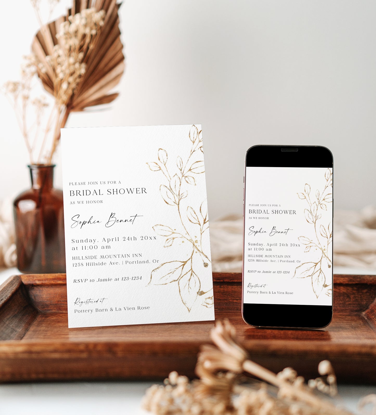 Elegant gold leaf bridal shower invitation template with hand-painted gold botanical branch on white background, editable in Canva