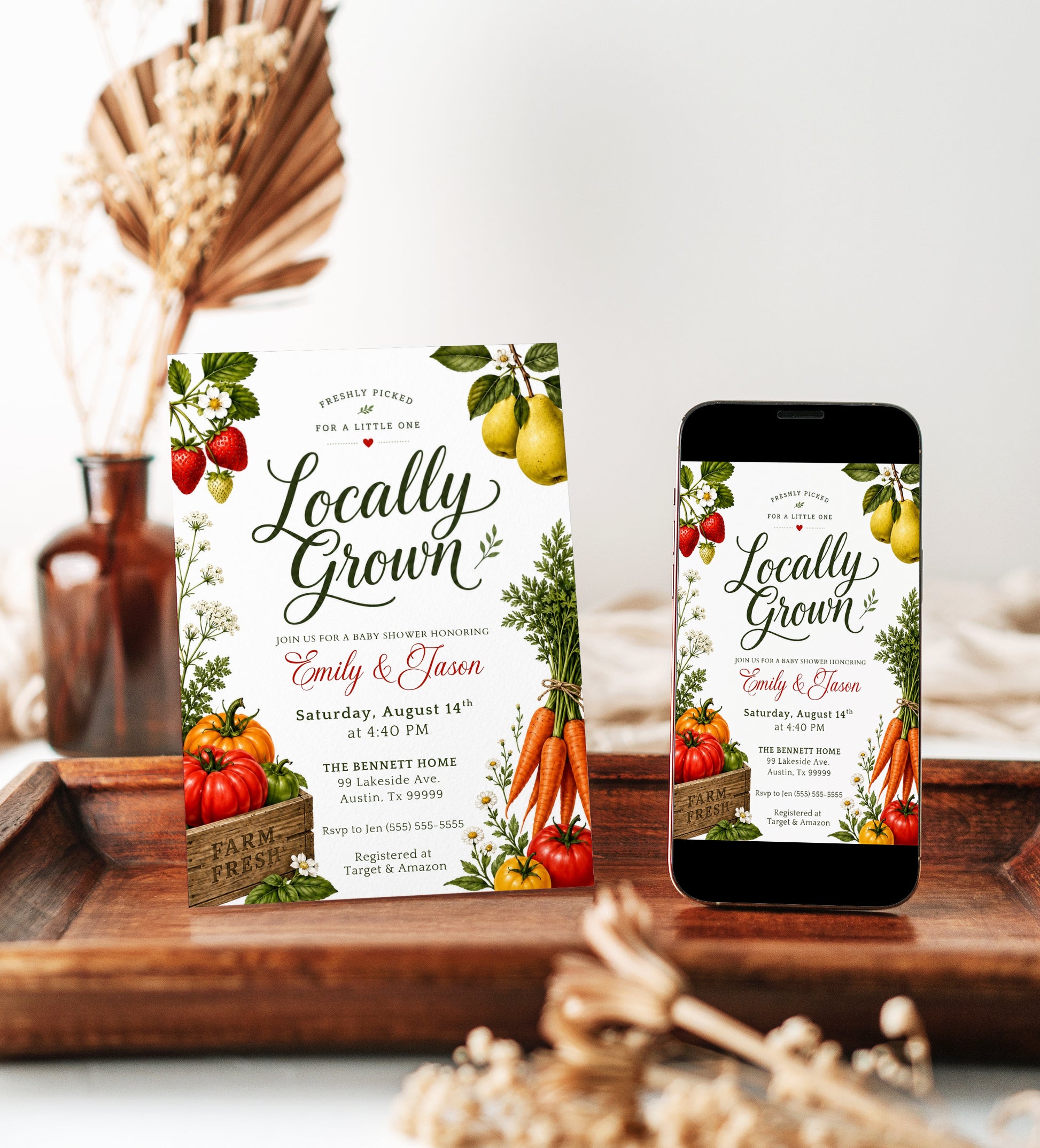 Locally grown baby shower invitation with garden vegetables, fruit, and a farm fresh crate in green, red, and orange