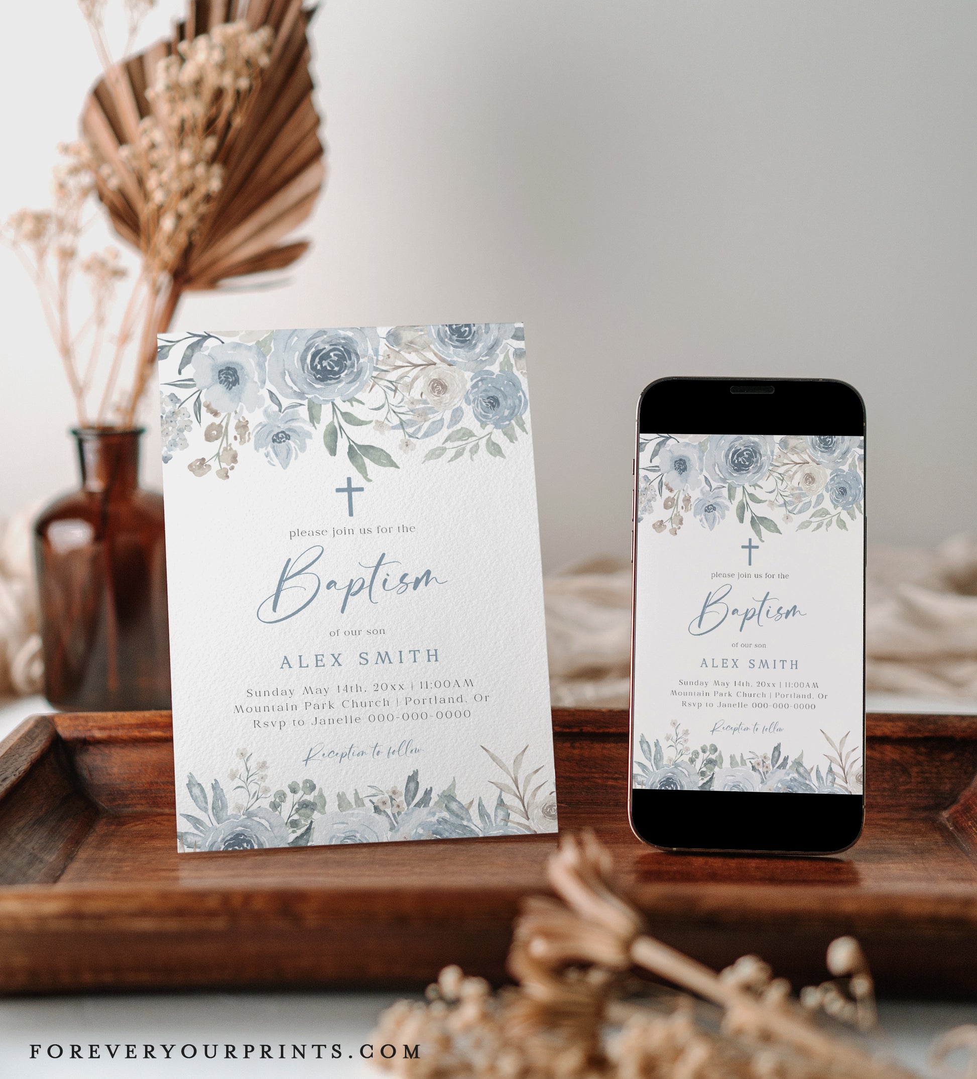 Floral Baptism Invitation | www.foreveryourprints.com