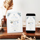 Editable blue gingham boy baby shower invitation Canva template with watercolour blueberries, clothesline scene with romper and bonnet, and script typography, shown with front and back of card