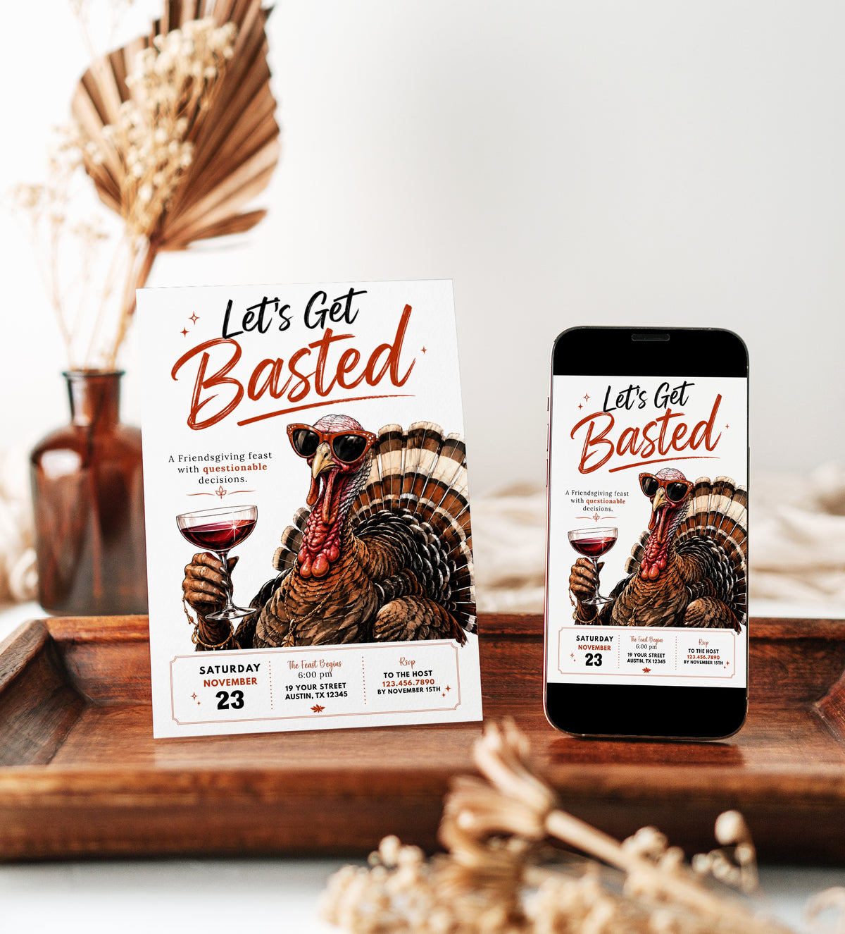Friendsgiving invitation with Let’s Get Basted headline and illustrated turkey wearing sunglasses and holding a glass of red wine