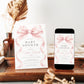 Editable pink bow baby shower invitation Canva template with oversized watercolour blush bow and flowing ribbon tails, bold spaced serif typography, and italic script on a soft blush background