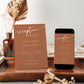 Terracotta minimalist wedding reception party invitation template with white script and serif typography, editable in Canva