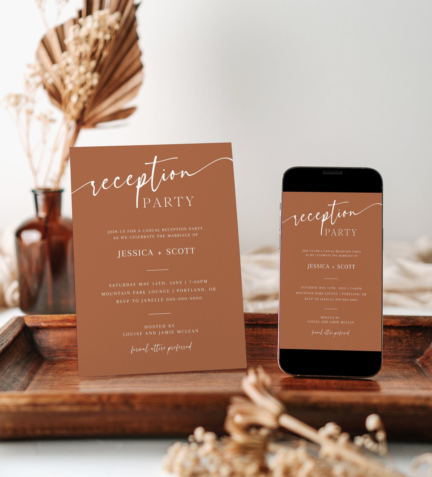 Terracotta minimalist wedding reception party invitation template with white script and serif typography, editable in Canva