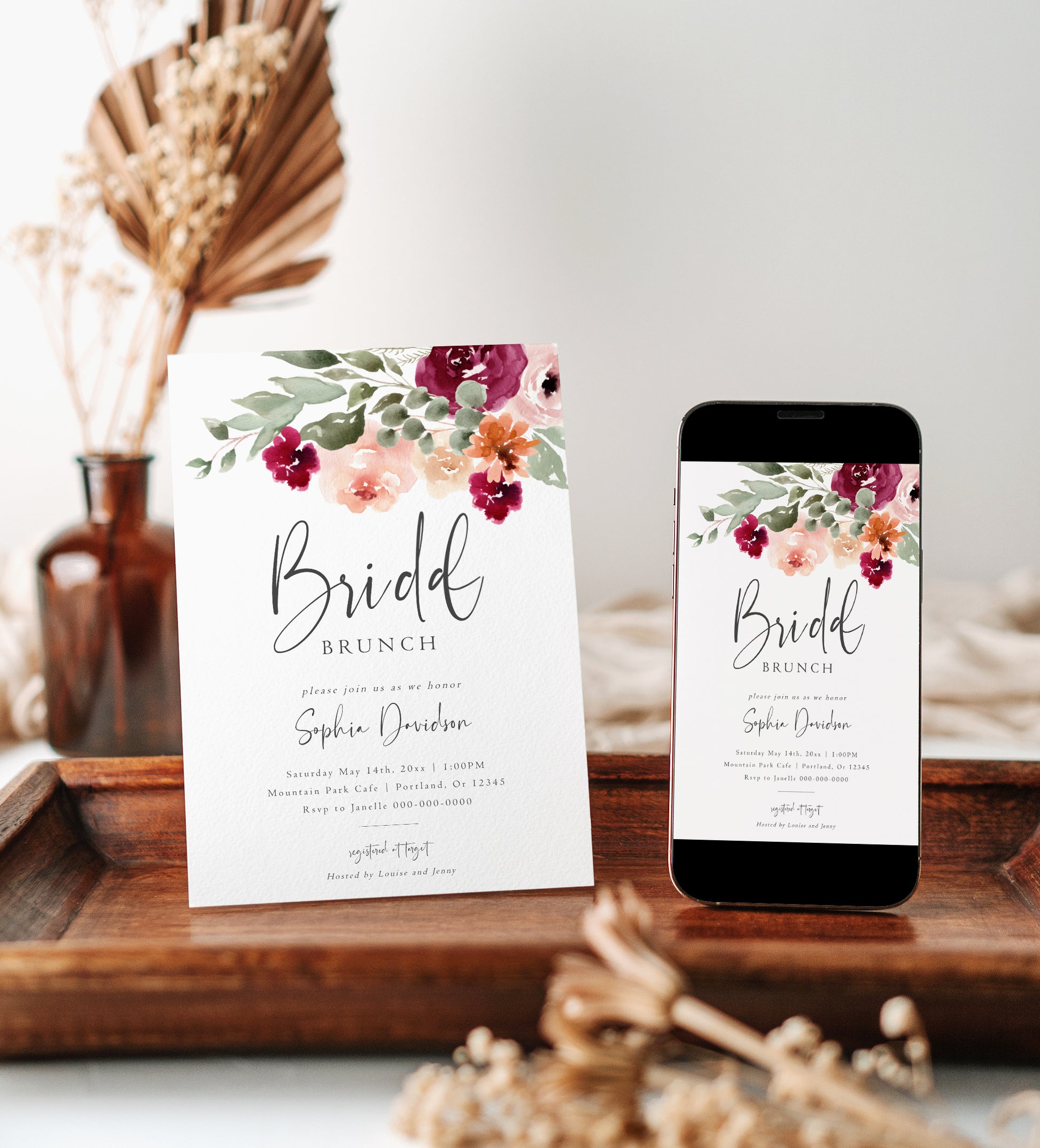 Fall floral bridal shower invitation with watercolor flowers and elegant script text | www.foreveryourprints.com