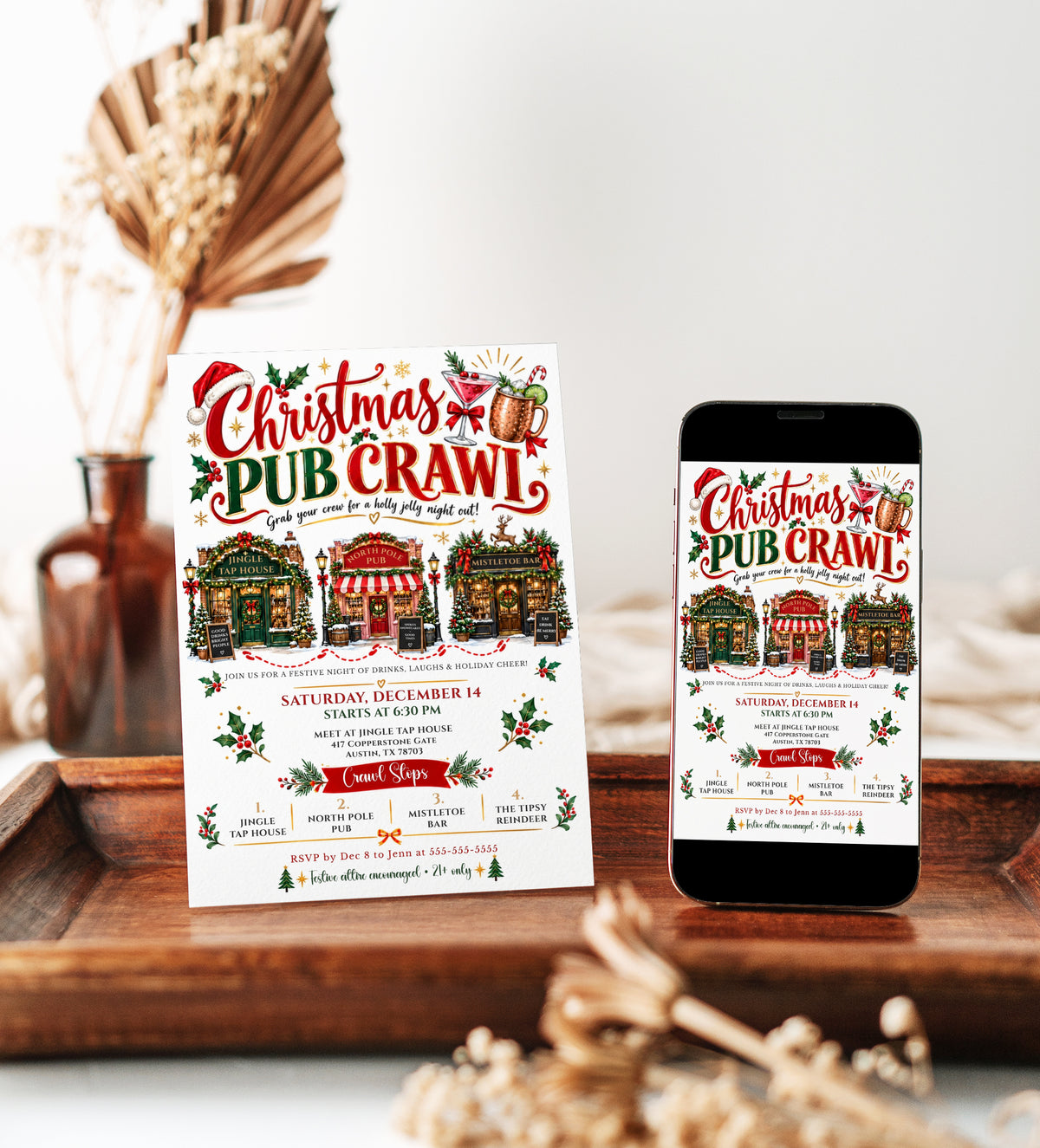 Christmas pub crawl invitation with three decorated holiday pubs, festive cocktails, Christmas greenery and red and green lettering
