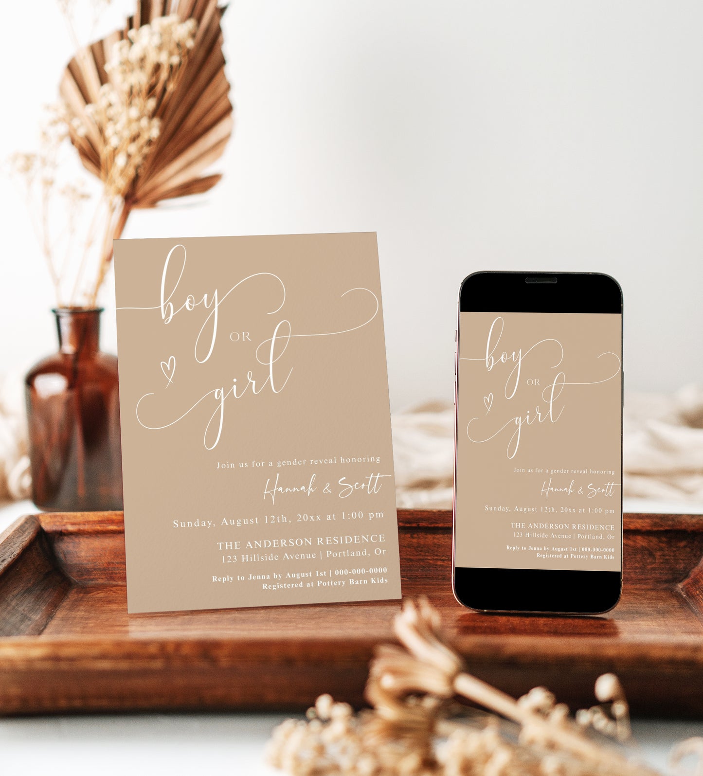 Boy or girl gender reveal invitation with elegant script lettering on a soft beige background