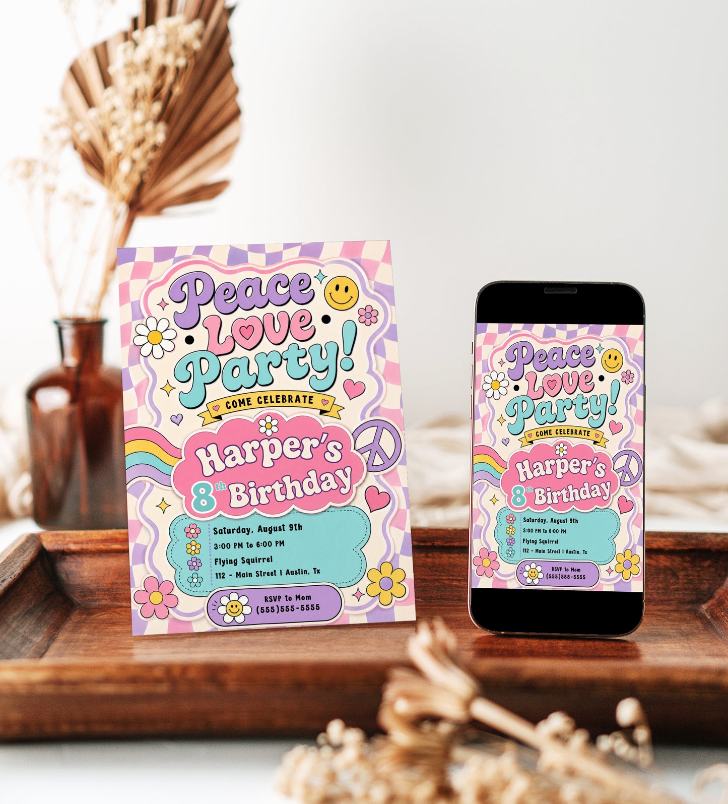 Peace love party birthday invitation with pastel checkerboard, rainbow waves, flowers, hearts, smiley faces, and peace sign retro details