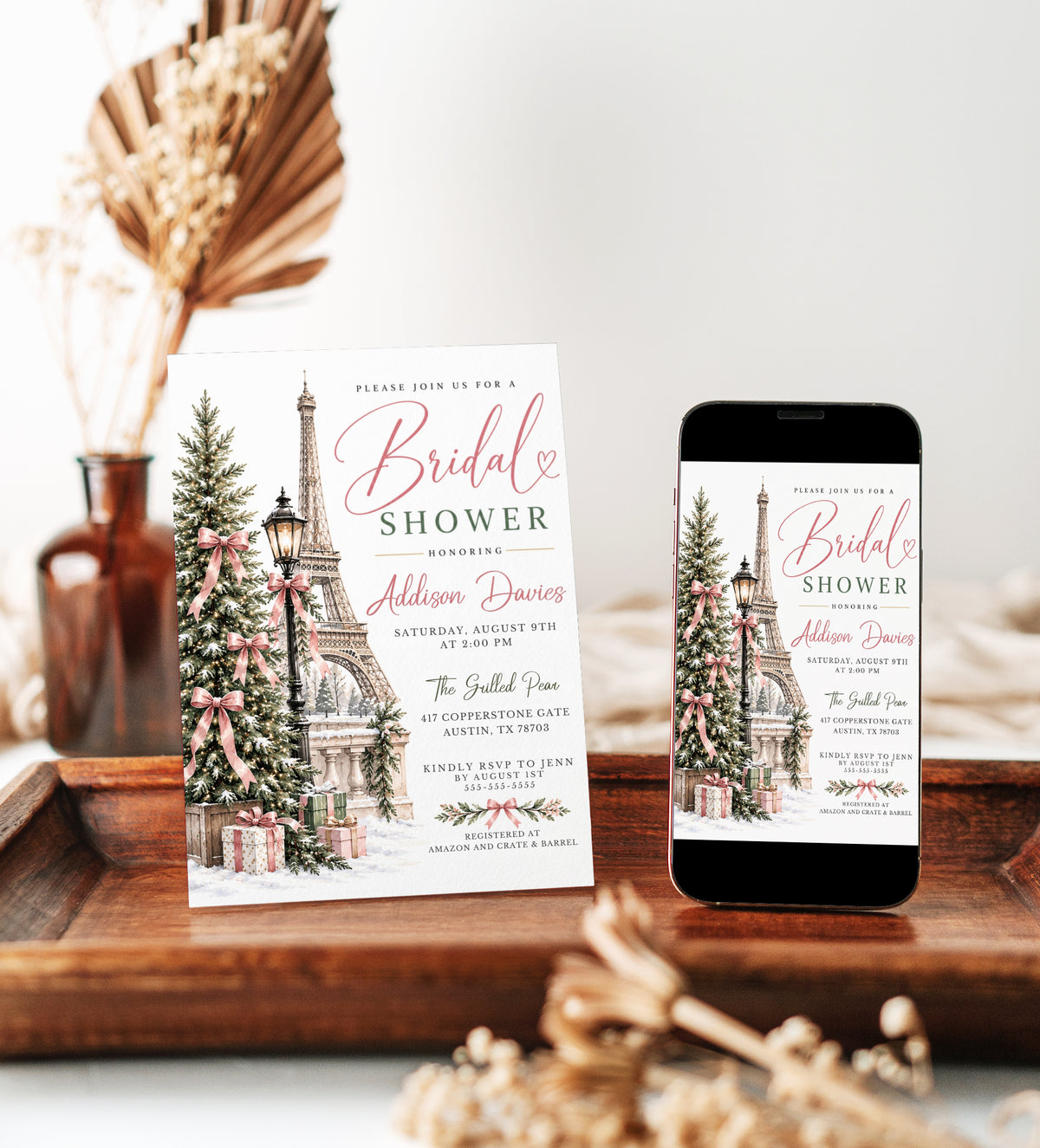 Winter Paris bridal shower invitation with the Eiffel Tower, snow-covered Christmas tree, pink satin bows, vintage streetlamp and wrapped gifts