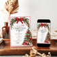Christmas party invitation with red bows, evergreen garland, holly berries, gold bells, and a decorated Christmas tree