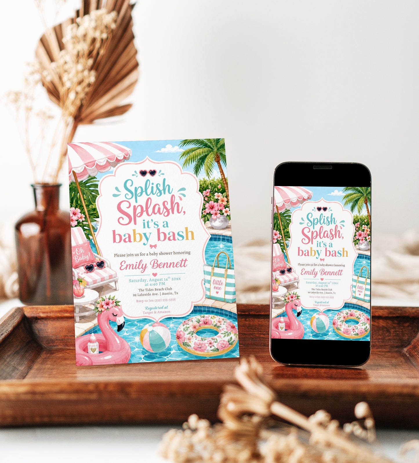 Pool party baby shower invitation with a flamingo float, beach ball, and pink umbrella in pink and aqua