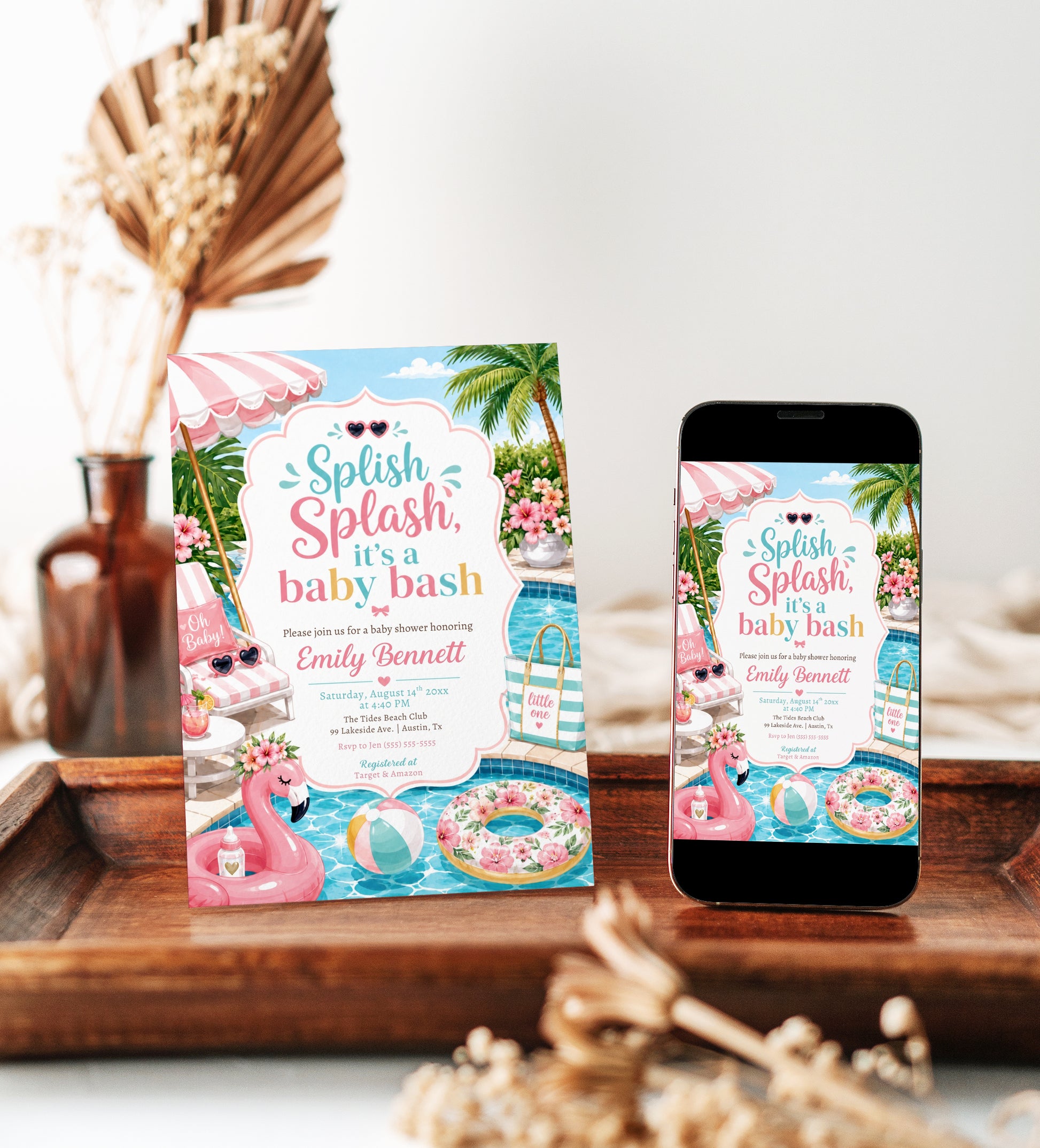 Pool party baby shower invitation with a flamingo float, beach ball, and pink umbrella in pink and aqua