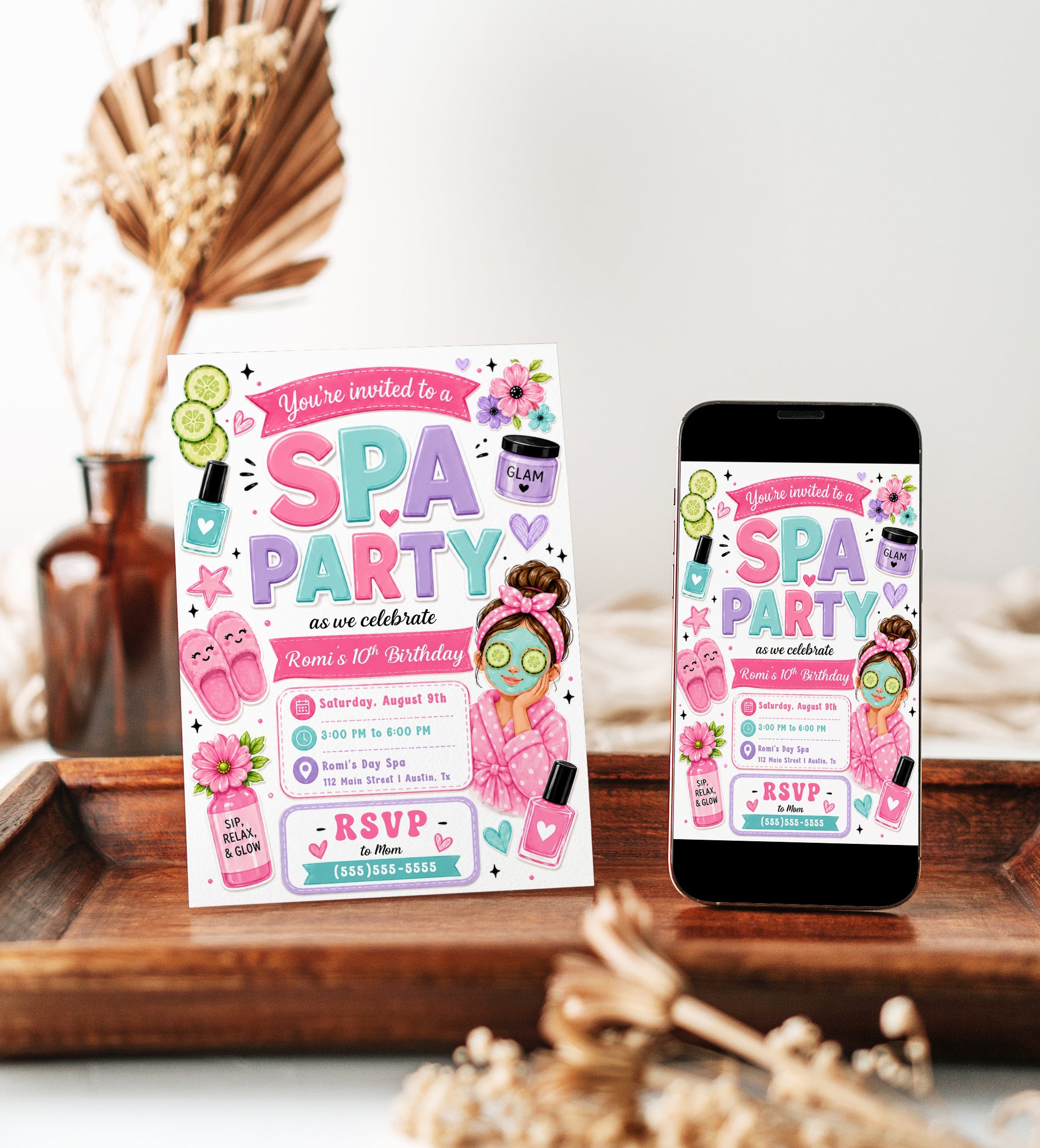 Girls spa birthday invitation featuring a pink robe, face mask, cucumber eye pads, nail polish, slippers, flowers and spa party graphics.

