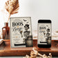 Boos and booze Halloween party invitation with dapper skeleton holding a drink, bats, spiderwebs, vintage typography, barrel, and black gold spooky details
