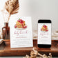Raspberry pancake baby brunch invitation template with watercolor pancake illustration and crimson calligraphy script, editable in Canva