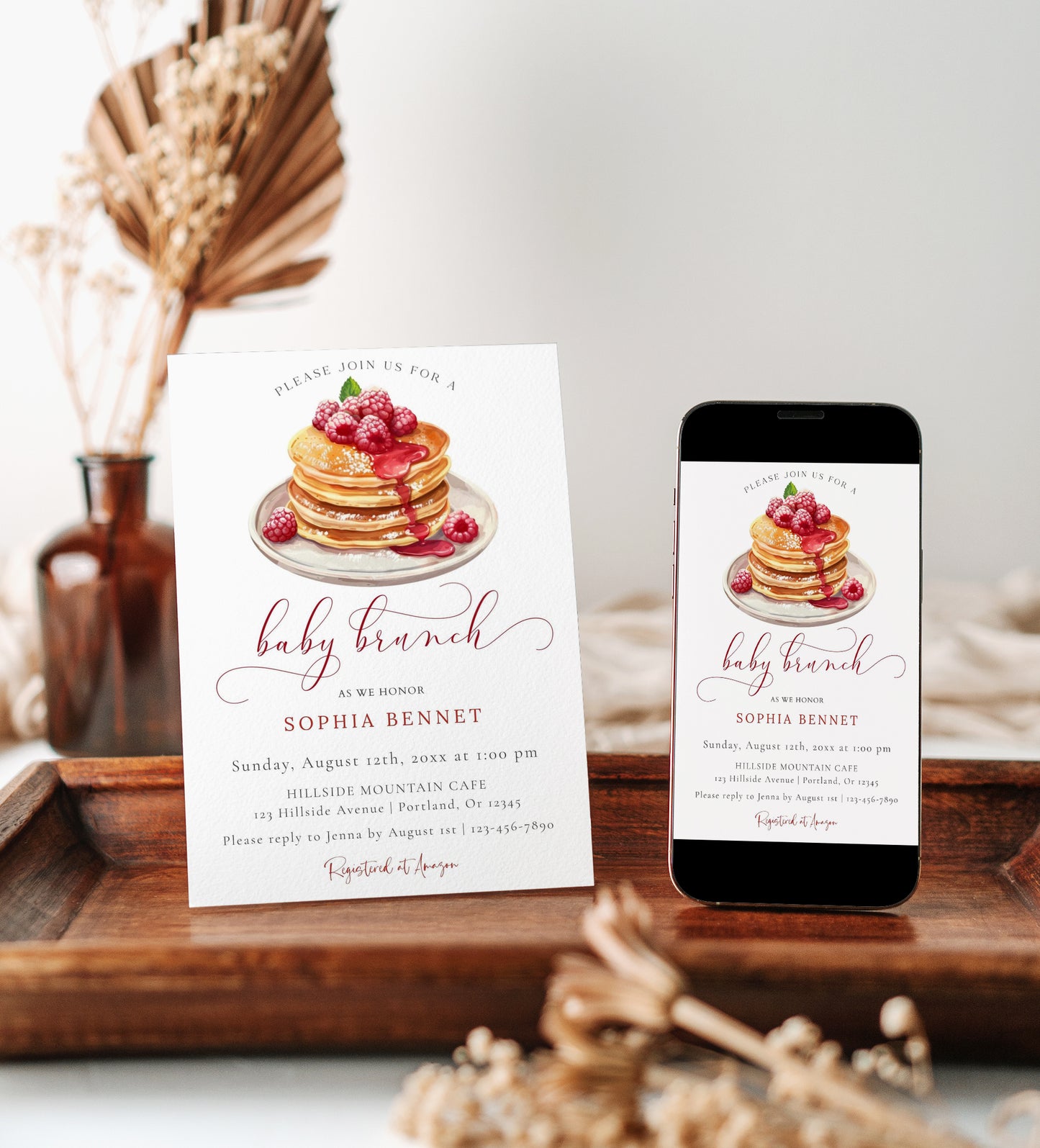 Raspberry pancake baby brunch invitation template with watercolor pancake illustration and crimson calligraphy script, editable in Canva