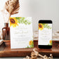 Sunflower baby brunch invitation template with watercolor sunflowers and green hop vine botanicals in corners, editable in Canva