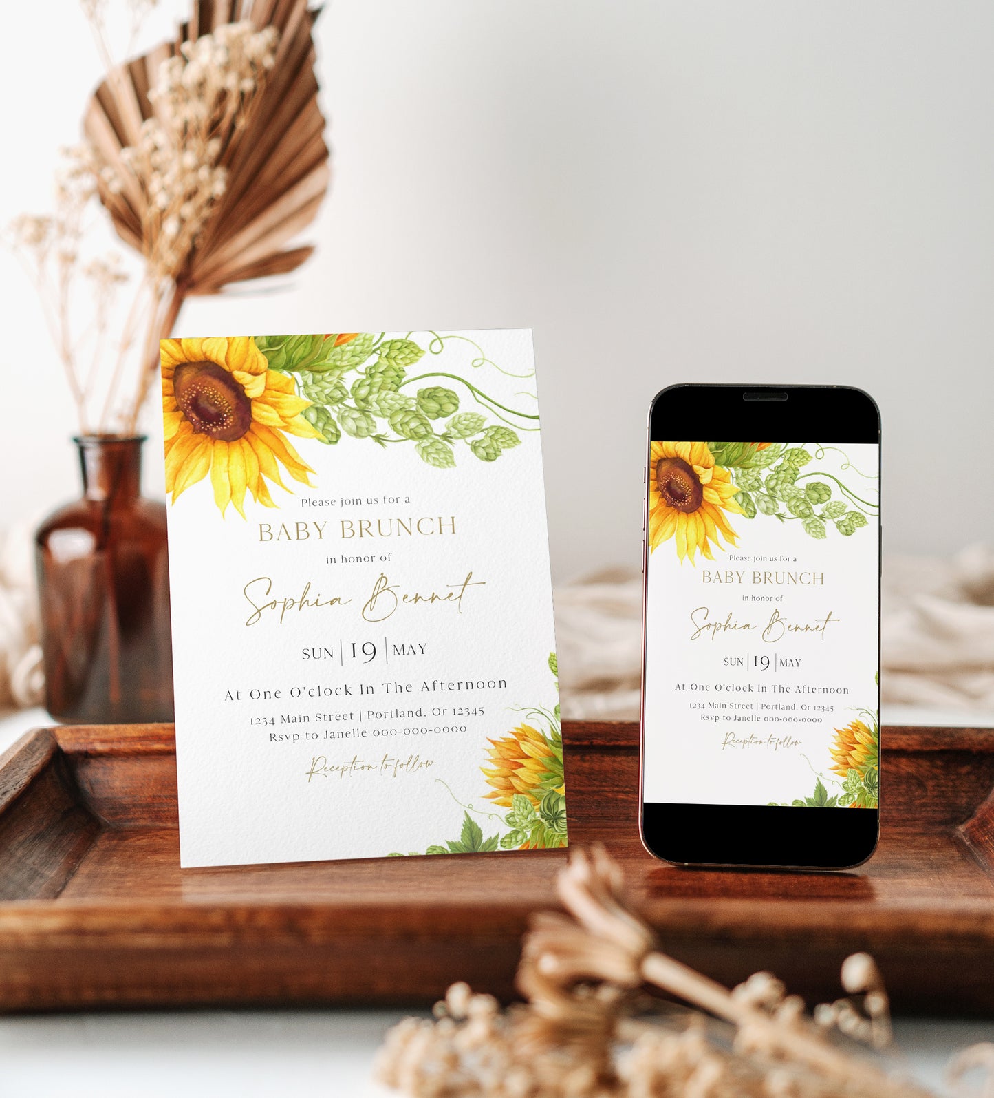 Sunflower baby brunch invitation template with watercolor sunflowers and green hop vine botanicals in corners, editable in Canva