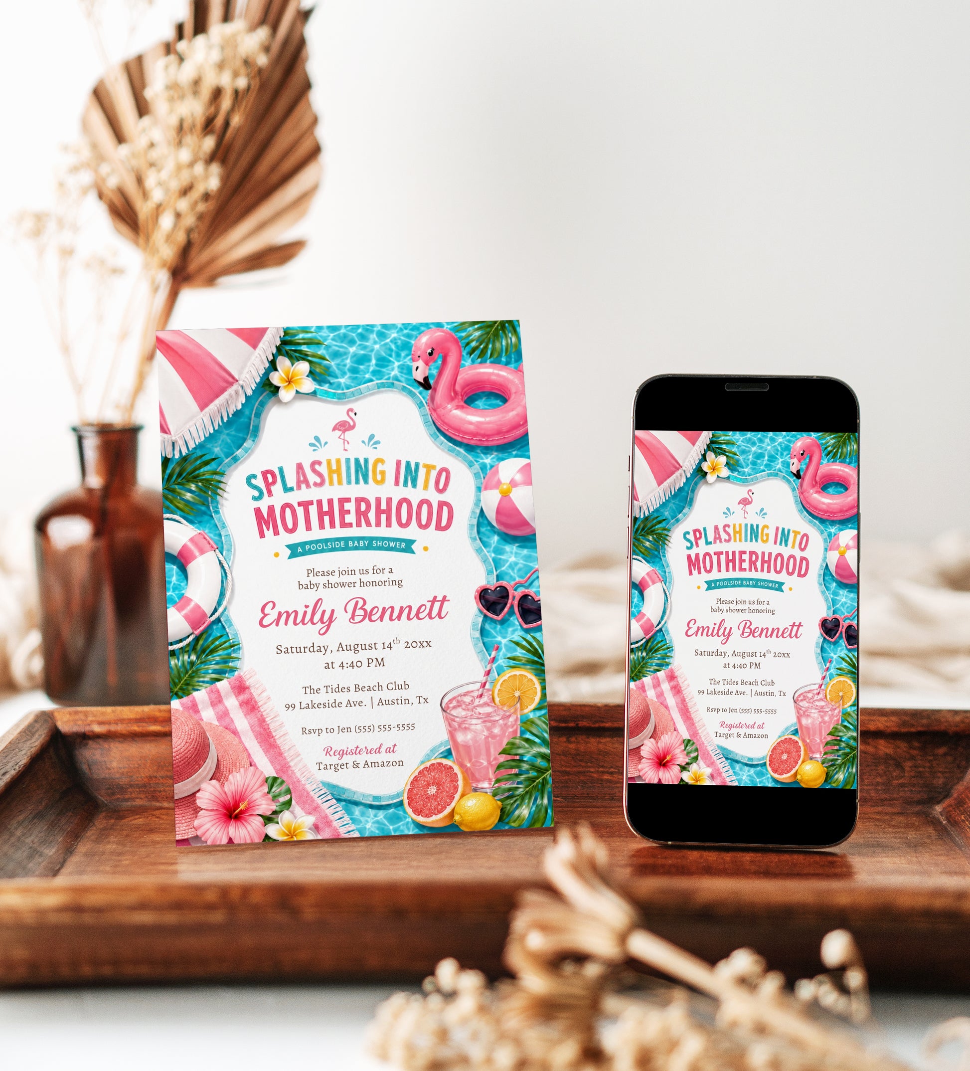 Poolside baby shower invitation with a flamingo float, beach ball, and tropical drinks in pink and aqua