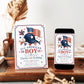 All-American boy birthday invitation featuring a navy baseball cap, American flag, baseball, pinwheel, bunting and red, white and blue stars.