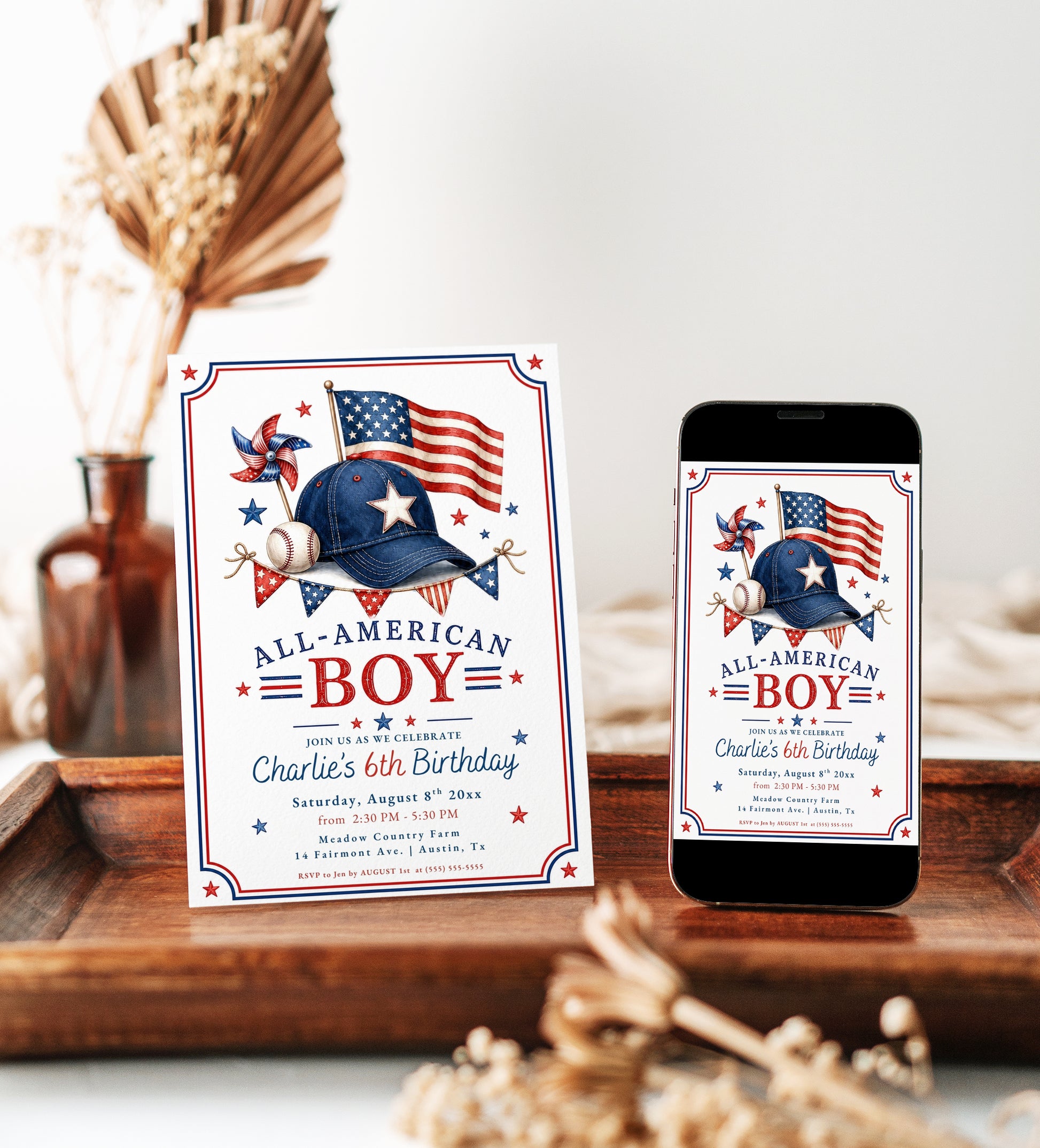 All-American boy birthday invitation featuring a navy baseball cap, American flag, baseball, pinwheel, bunting and red, white and blue stars.