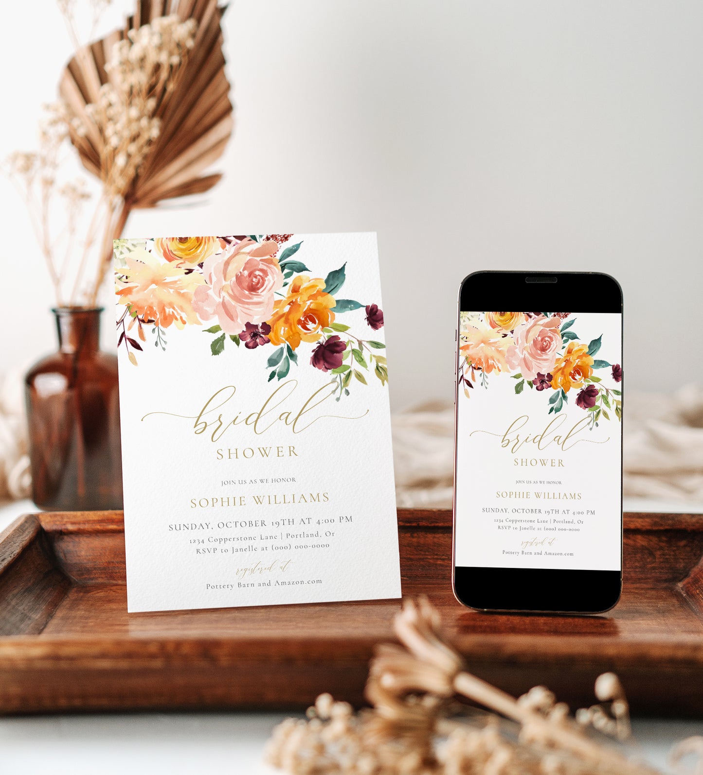 Elegant autumn bridal shower invitation featuring warm floral design | www.foreveryourprints.com