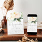 Peach and cream floral baby sprinkle invitation template with oversized watercolor peonies and dark green botanicals, editable in Canva