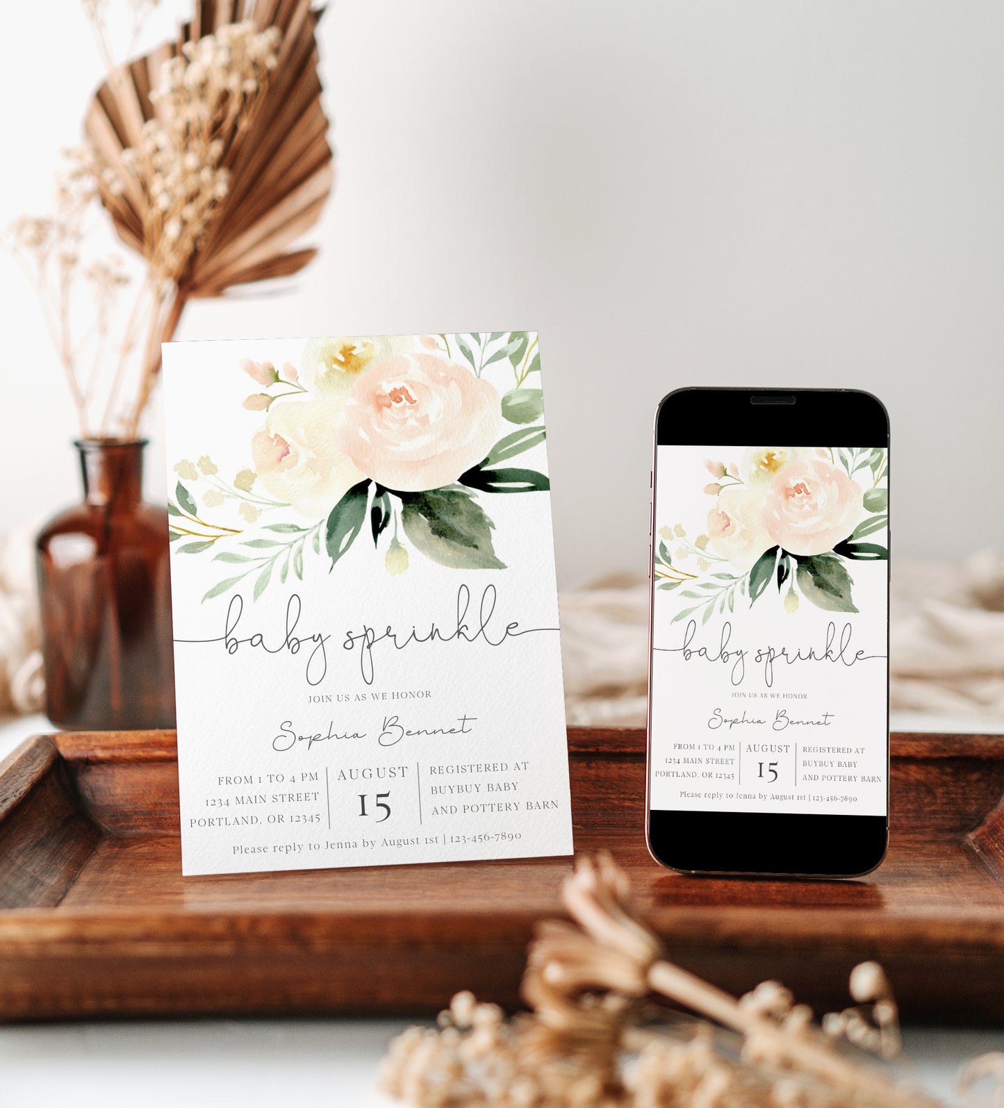 Peach and cream floral baby sprinkle invitation template with oversized watercolor peonies and dark green botanicals, editable in Canva