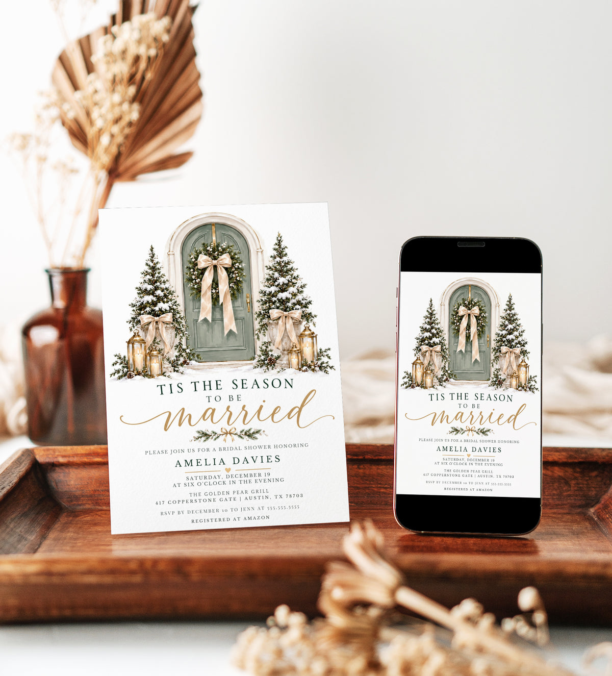 Winter bridal shower invitation featuring a sage green door, Christmas wreath, ivory bows, and Tis the Season to Be Married text