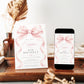 Pink bow birthday invitation for girls featuring a large blush pink ribbon, flowing bow tails and elegant pink and black typography.
