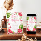 One in a Melon first birthday invitation featuring watercolor watermelons, pink flowers, butterflies, greenery and gold hearts.
