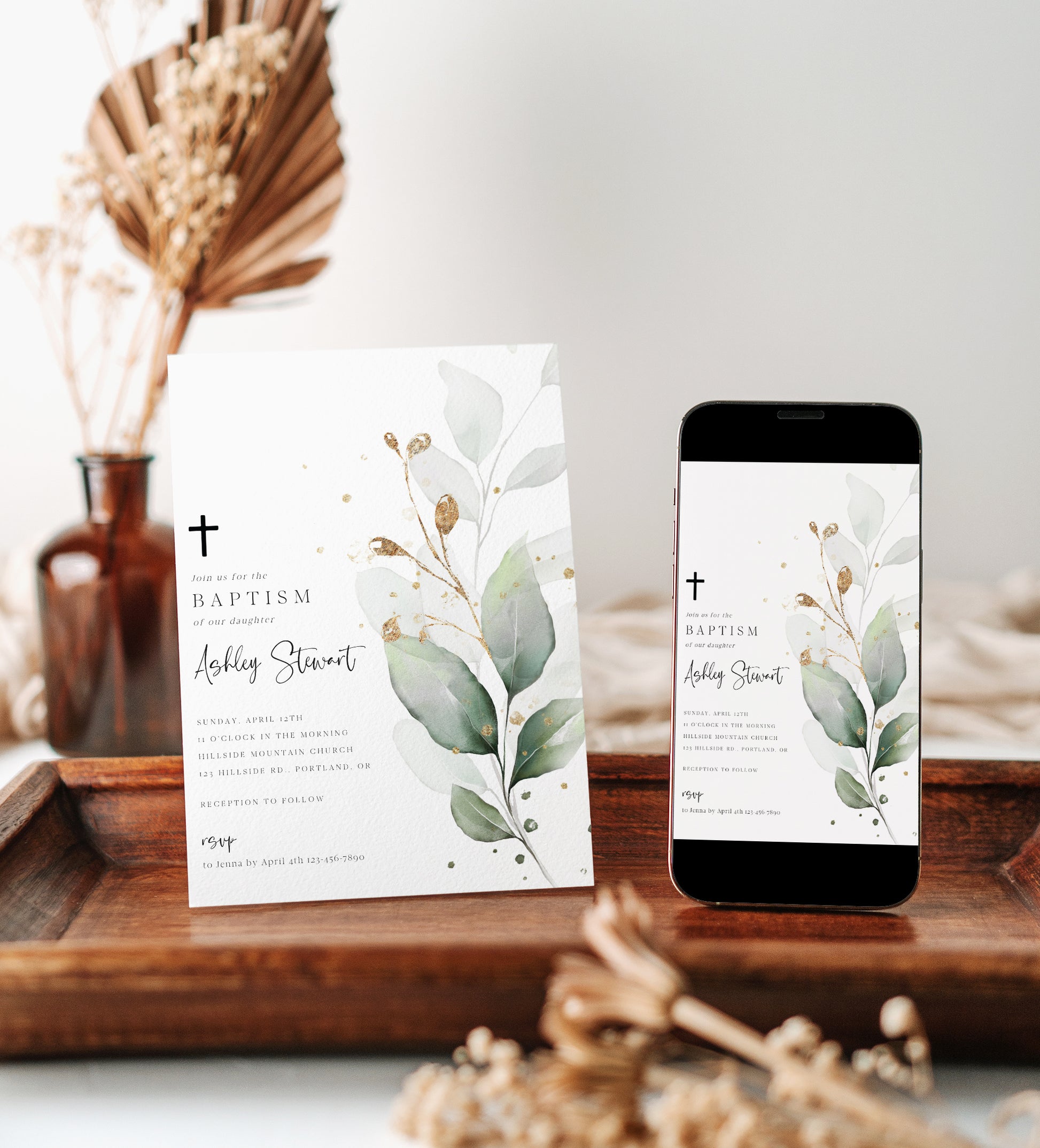 Eucalyptus Baptism Invitation | www.foreveryourprints.com