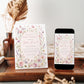 Editable wildflower baby sprinkle invitation Canva template with watercolour botanicals, blush arch, butterfly details, and script typography on a soft pink background