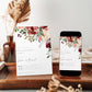 Autumn floral engagement party invitation template with watercolor blooms in burgundy, blush, and plum with dark green botanicals, editable in Canva