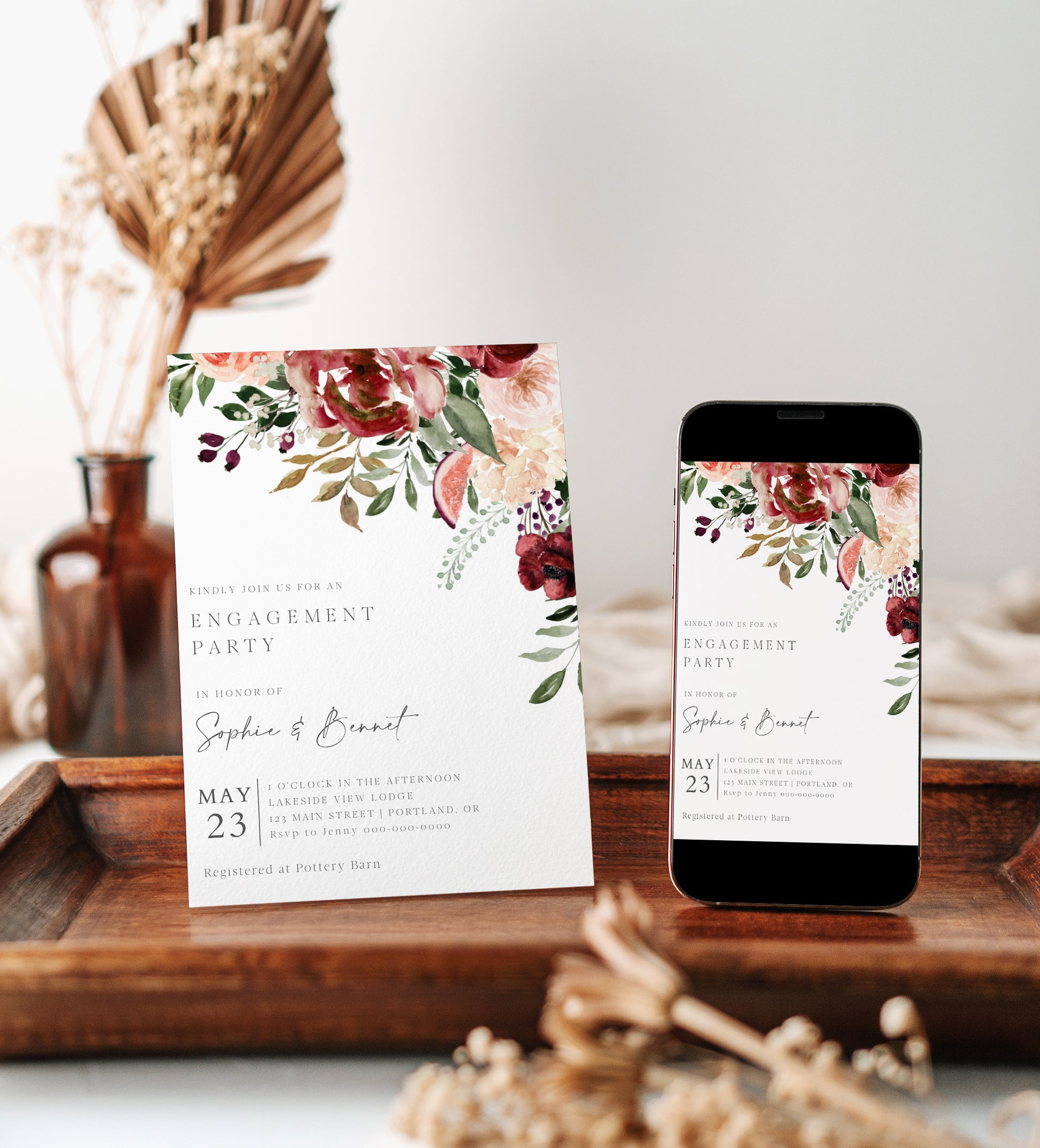 Autumn floral engagement party invitation template with watercolor blooms in burgundy, blush, and plum with dark green botanicals, editable in Canva