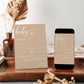 Minimalist baby brunch invitation template with warm beige background and white script typography, editable in Canva