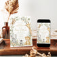 Editable safari baby shower invitation Canva template with watercolour monkey, giraffe, elephant, lion cub, and zebra surrounded by eucalyptus, tropical leaves, and cream wildflowers on a white background