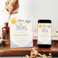 Editable here comes the son baby shower invitation Canva template with smiling sun, blue toy airplane, fluffy clouds, and bold navy and sky blue typography on a soft cream background, shown as a flat lay mockup