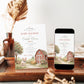 Little farm baby shower invitation with red barn, apple tree, piglet, hay bale, flower cart, rolling hills, fence, wildflowers, and soft farmhouse details