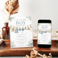 Editable boy baby shower invitation Canva template with watercolour clothesline scene featuring denim overalls, knit bonnet, booties, toy airplane, wooden pull dog, and teddy bear with eucalyptus border on a white background