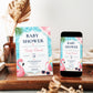 Tropical flamingo baby shower invitation with a flamingo float, beach ball, and heart sunglasses in navy, pink, and aqua