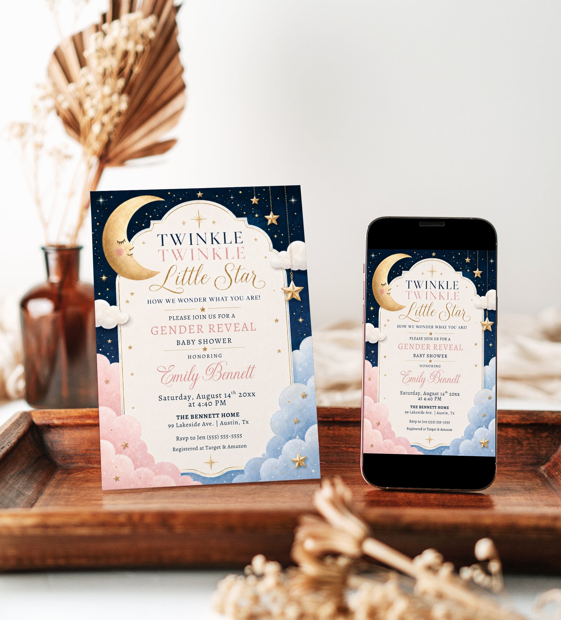 Twinkle twinkle little star gender reveal invitation with a moon, gold stars, and pink and blue clouds