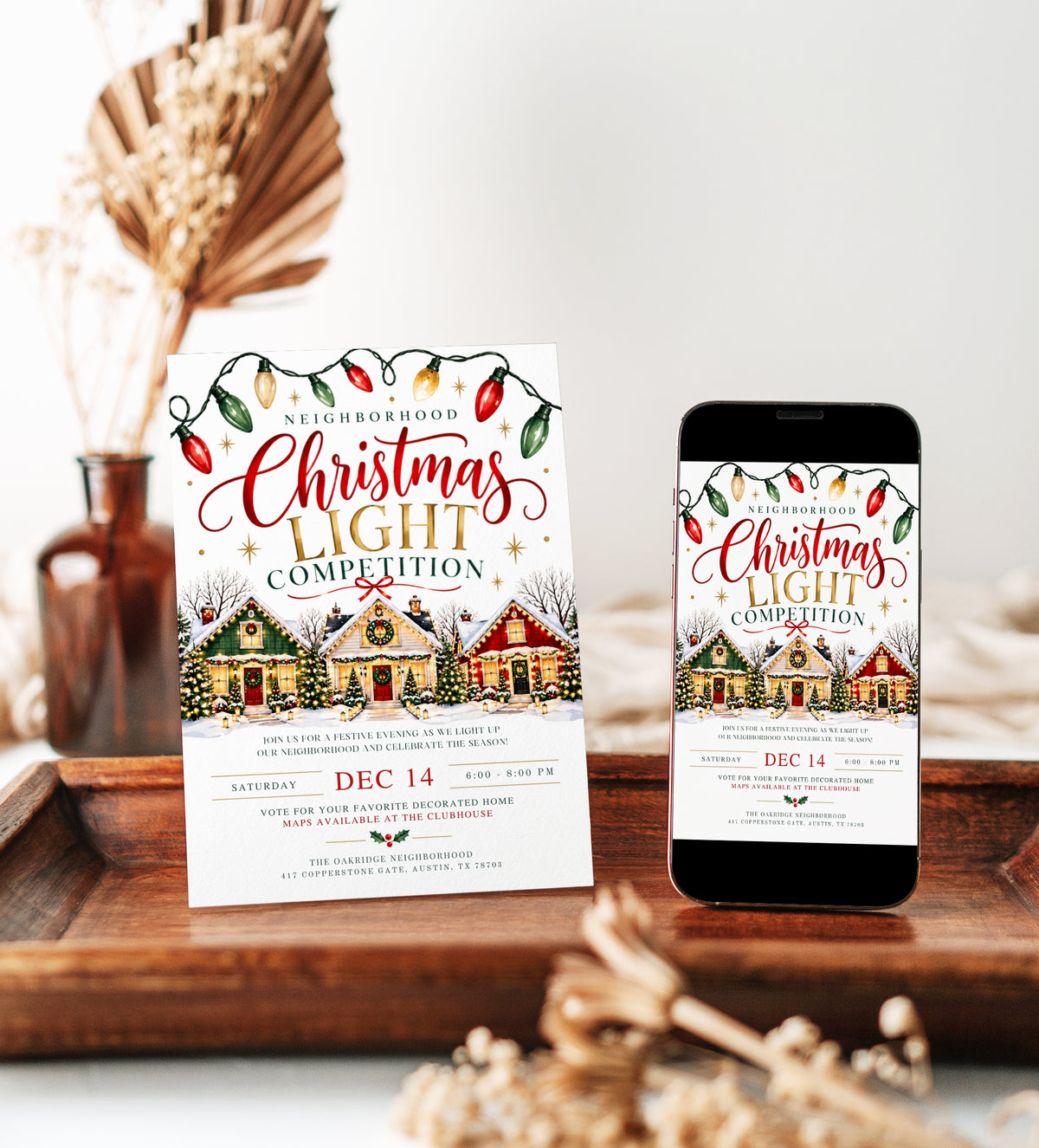 Christmas light competition invitation with three snow-covered homes decorated with glowing lights, wreaths, and garlands beneath red, green, and gold string lights